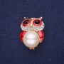 Sale! Owl Brooch with Pearl Bead, Enamel and Rhinestones, White/Red/Black, 32×22 mm, Gold-Tone Metal