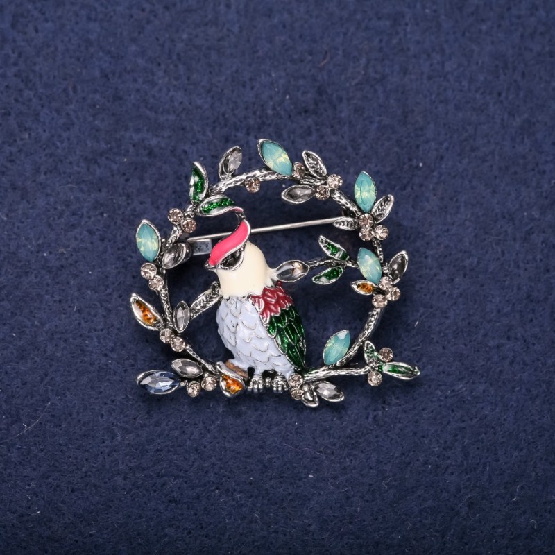 Sale! Brooch Bird on a Branch with Crystals and Enamel, in red, white, blue, and green, 38×40 mm, silver-tone metal
