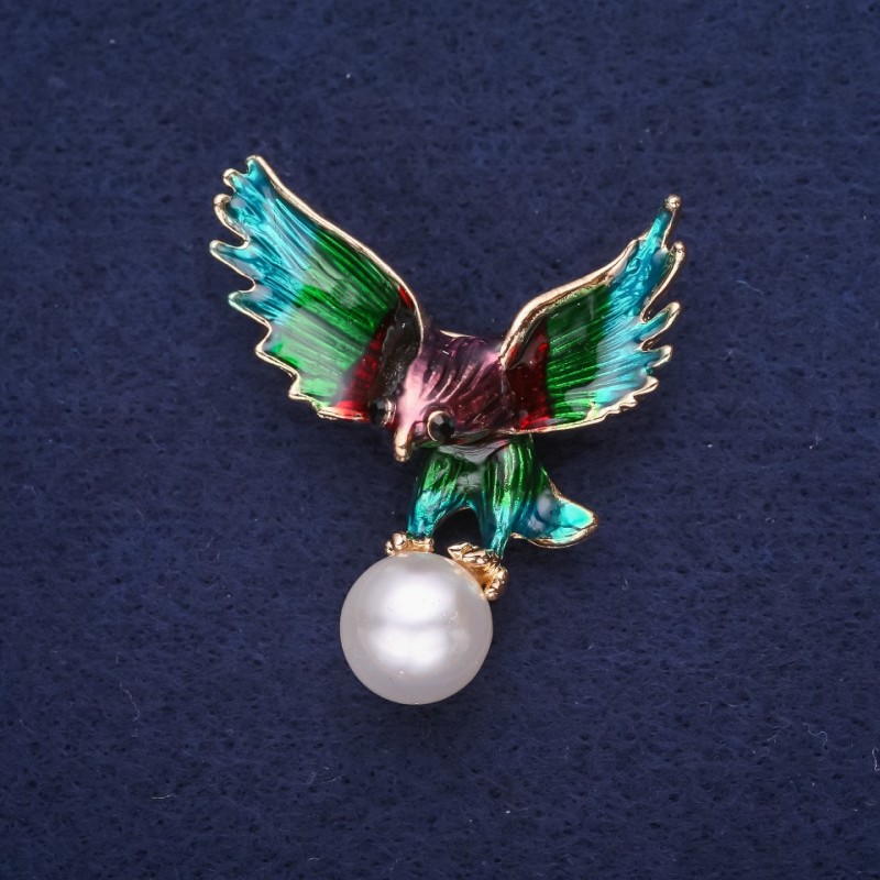 Sale! Brooch 'Bird Eagle' with Pearl Bead and Enamel, Sea Wave Burgundy Green Purple Golden mm