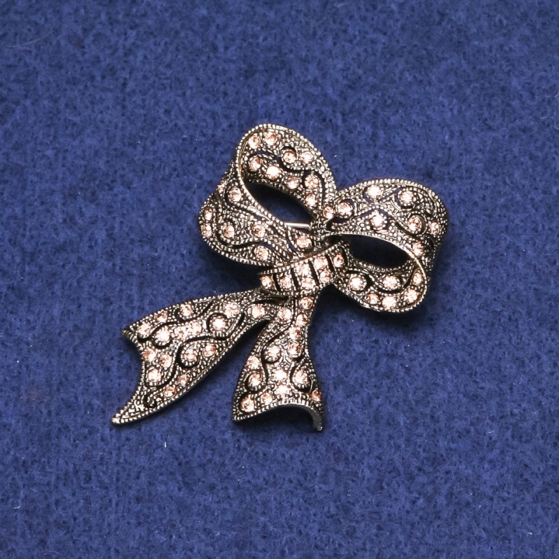 Sale! Bow Brooch with Rhinestones in Gold-Tone Metal 35x53mm