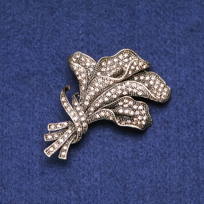 Sale! Flower Brooch with Crystals, Golden-Tone Metal, 46×64 mm
