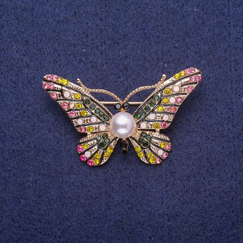 Sale! Butterfly Brooch with Rhinestones and a Bead, Yellow Metal 28×46 mm