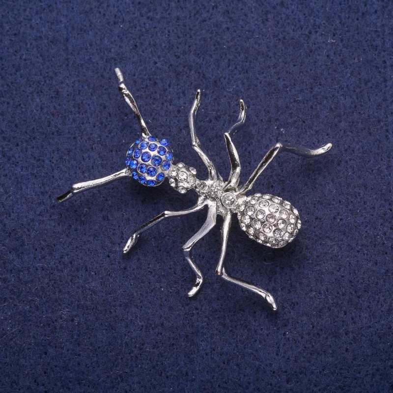 Sale! Ant Brooch with Crystals, Silver-Colored Metal 35×44mm