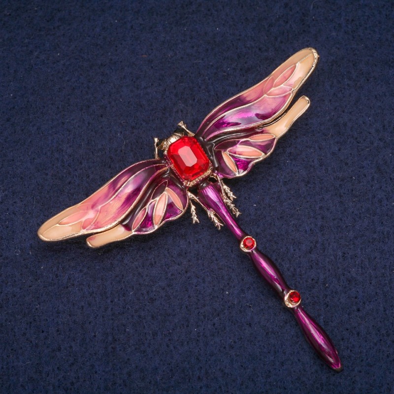 Sale! Dragonfly Brooch with Red Crystals, Gold-Tone Metal 56×64 mm