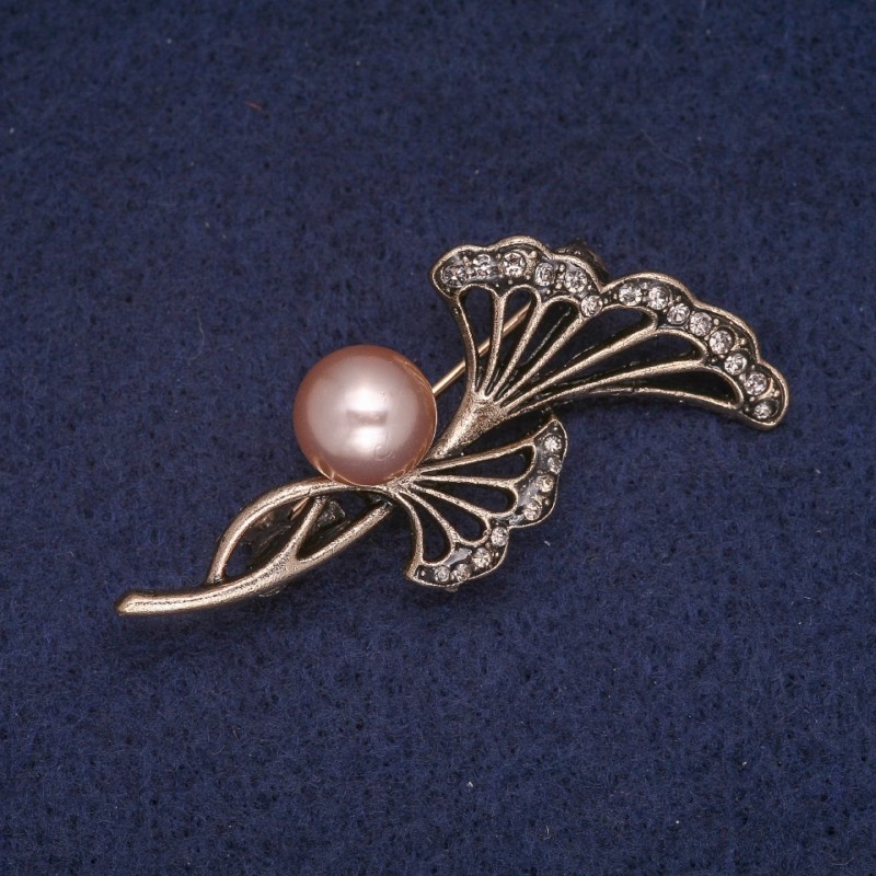 Sale! Flower Brooch with Seed Beads and Crystals, Chalk Color Antique Gold 26×50mm