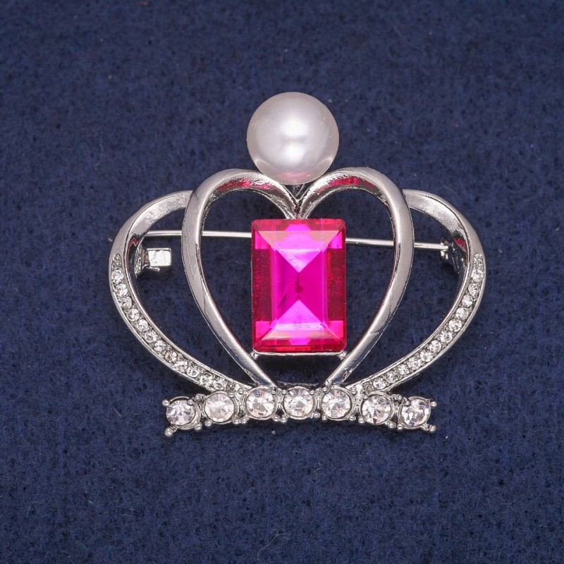 Clearance Crown Brooch with Beadwork and Crystals, Silver-Tone Metal 38x41mm