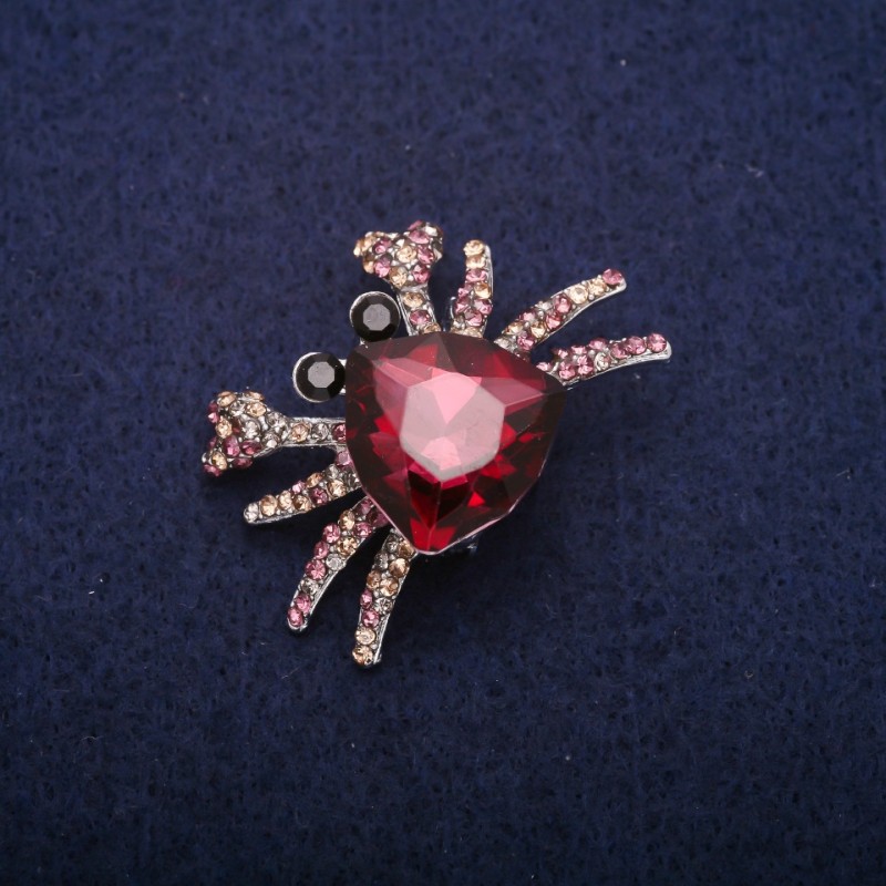 Sale! Crab Brooch with Raspberry Crystals, Gray Metal 27×37 mm