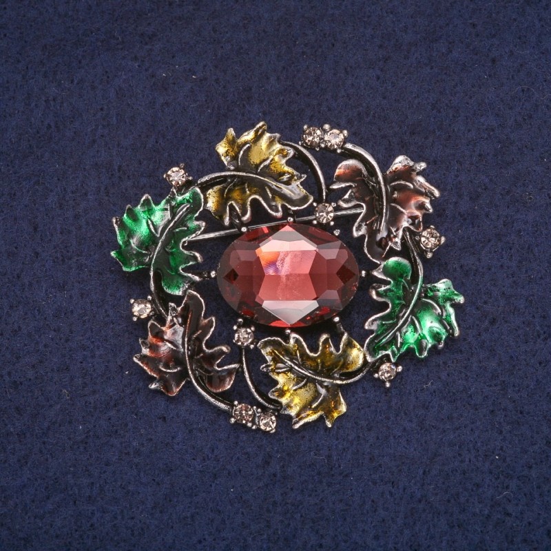 Sale! Leaves Brooch enamel with crystal, gray metal 39x43 mm +