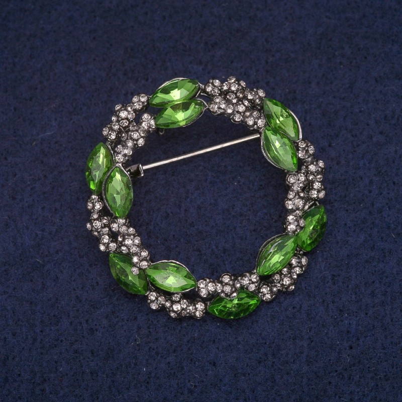 Sale! Brooch 'Wreath' with green crystals and white rhinestones, gray metal 36×37 mm
