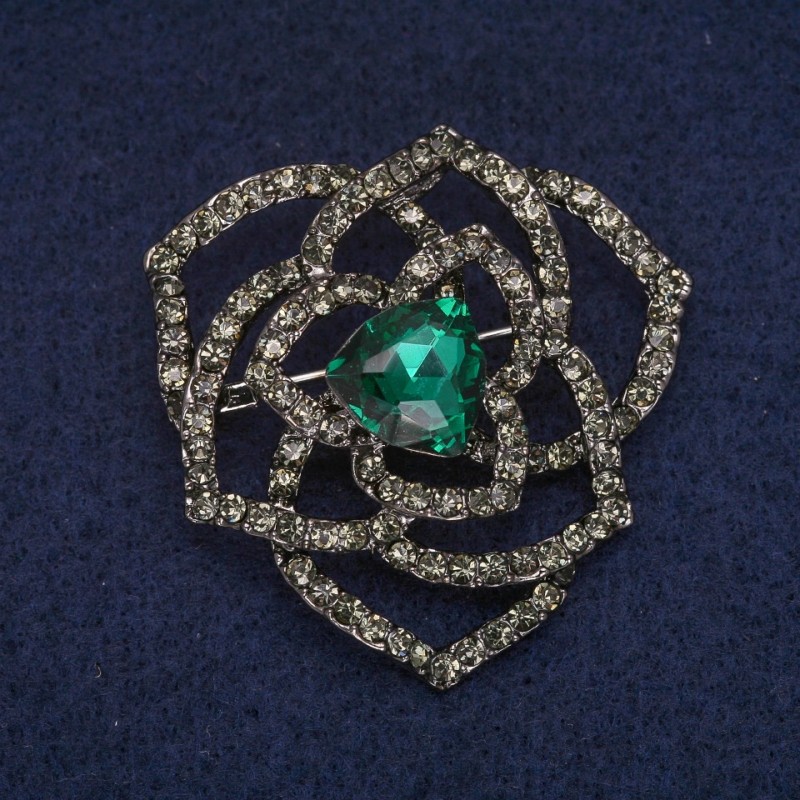 Sale! Flower Brooch with Green Crystal and Rhinestones, Gray Metal 42×43 mm