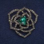 Sale! Flower Brooch with Green Crystal and Rhinestones, Gray Metal 42×43 mm