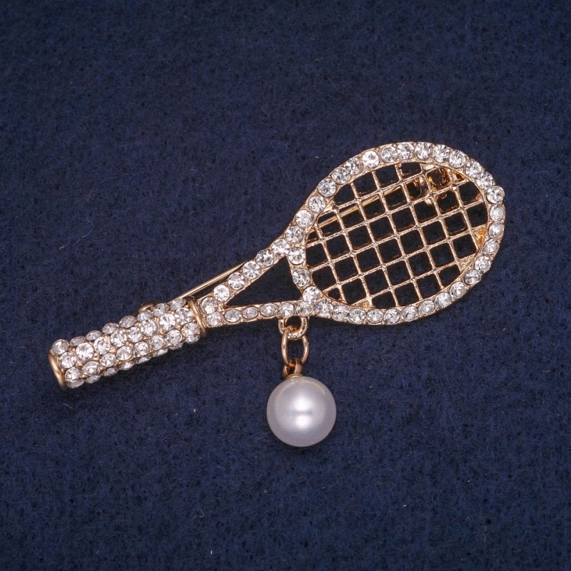 Sale! Tennis Racket Brooch with Bead Pendant and White Rhinestones, Gold-Tone Metal 21×55 mm