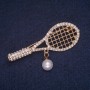 Sale! Tennis Racket Brooch with Bead Pendant and White Rhinestones, Gold-Tone Metal 21×55 mm