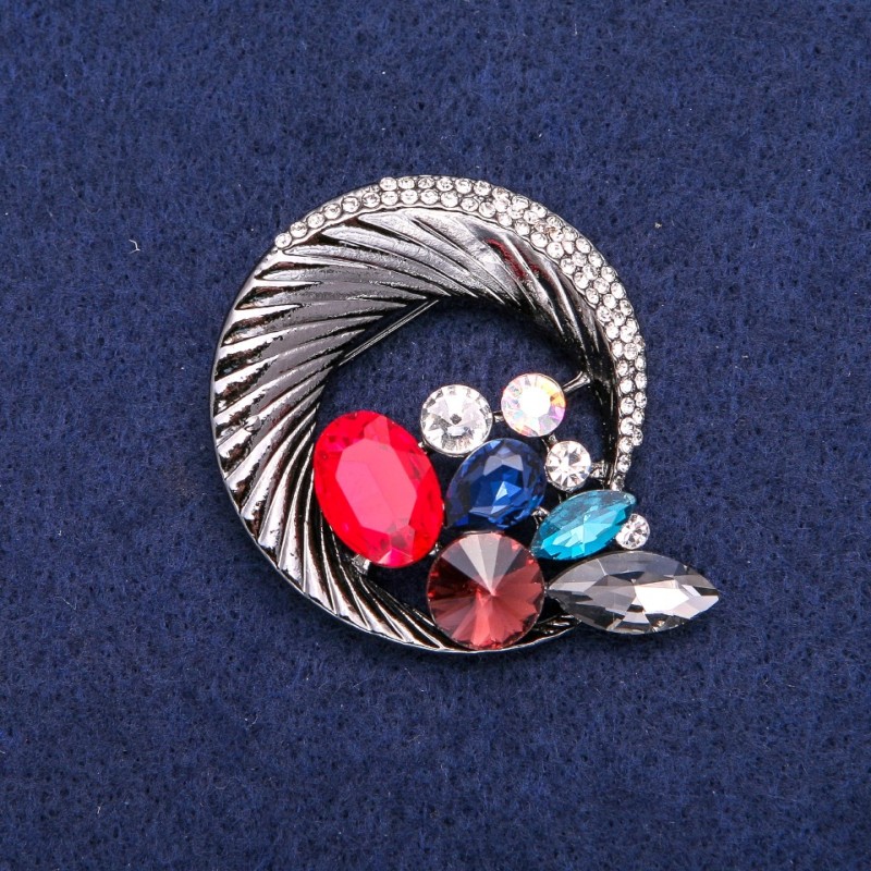 Sale! Round Brooch 'Circlet' with Rhinestones, woven into a beautiful composition, dark metal 45x50mm