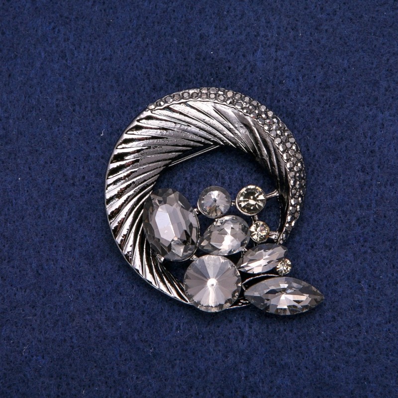 Sale! Round brooch Halo with Rhinestones, woven into a beautiful composition, dark metal 45×50 mm
