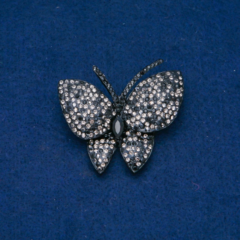 Sale! Butterfly Brooch in Silver-Toned Metal, Black and White Rhinestones, 44x48 mm +