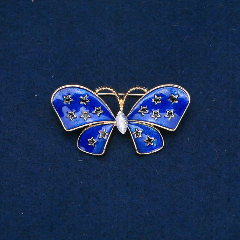 Sale! Butterfly Brooch in Gold-Tone Metal with Enamel and White Rhinestone 48×24 mm +