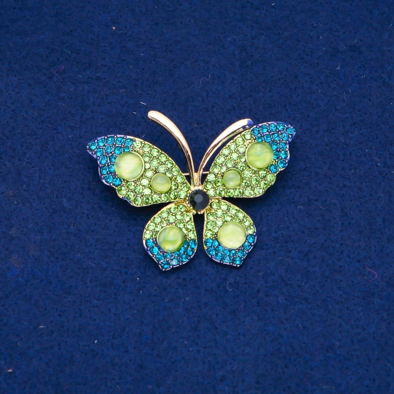 Sale! Butterfly Brooch in gold-tone metal, green and blue crystals, beads 34×50 mm +