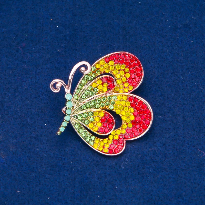 Sale! Butterfly Brooch in Gold-Tone Metal with Green, Yellow, and Red Rhinestones 43×43 mm +