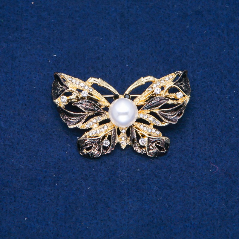 Sale! Butterfly Brooch - gold-tone metal, black enamel, white rhinestones and bead 46×30 mm +