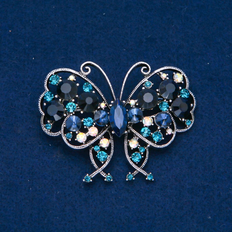 Sale! Butterfly brooch, silver-toned metal, blue, white, and petrol-blue rhinestones, 61×48 mm +