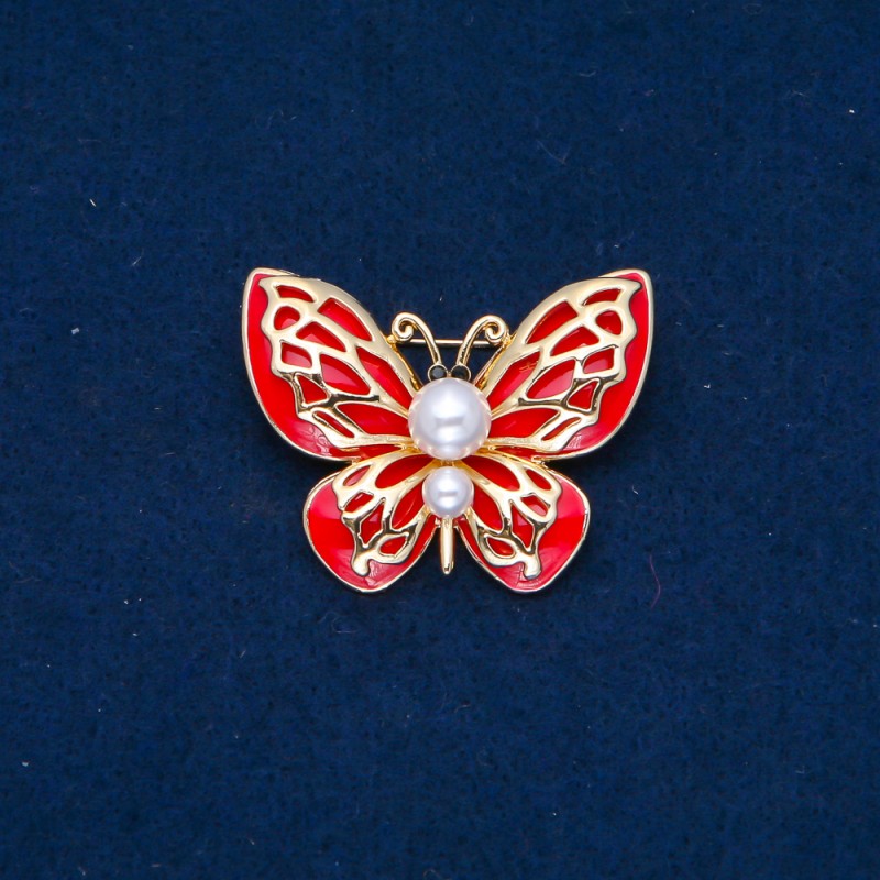 Sale! Butterfly Brooch - gold-tone metal, enamel and beads 30x40 mm +