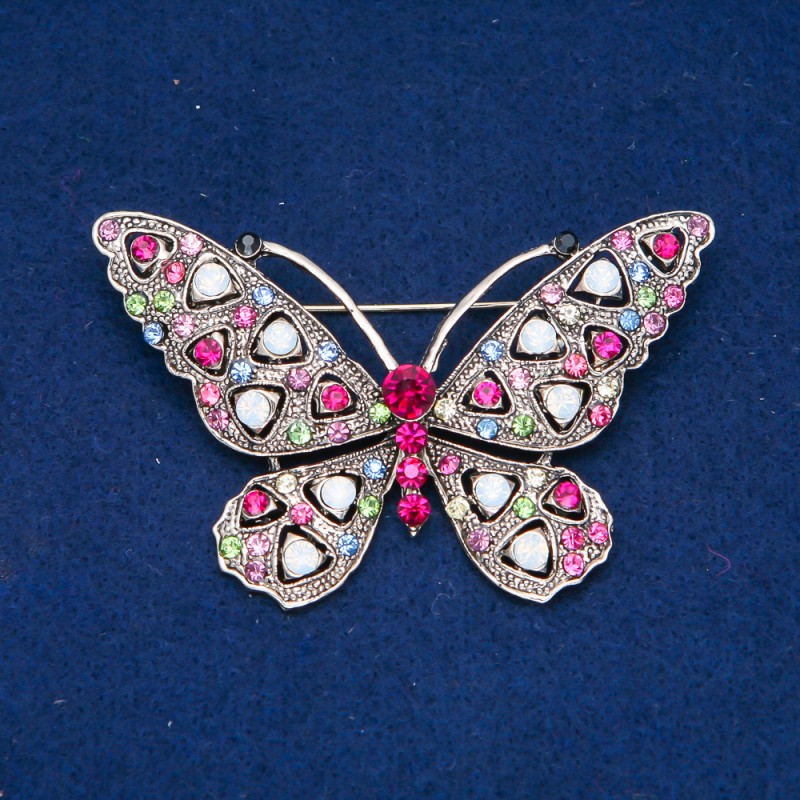Sale! Butterfly brooch, gold-toned metal, multicolored rhinestones 46x70 mm +