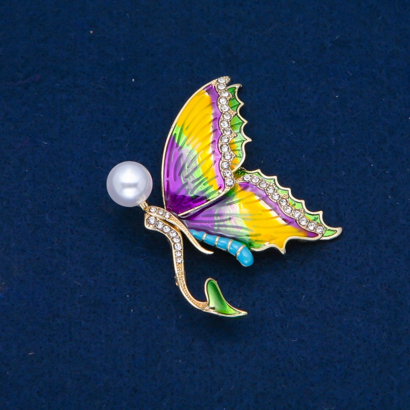 Sale! Gold-tone metal butterfly brooch, enamel, white crystals and bead 53×44 mm +
