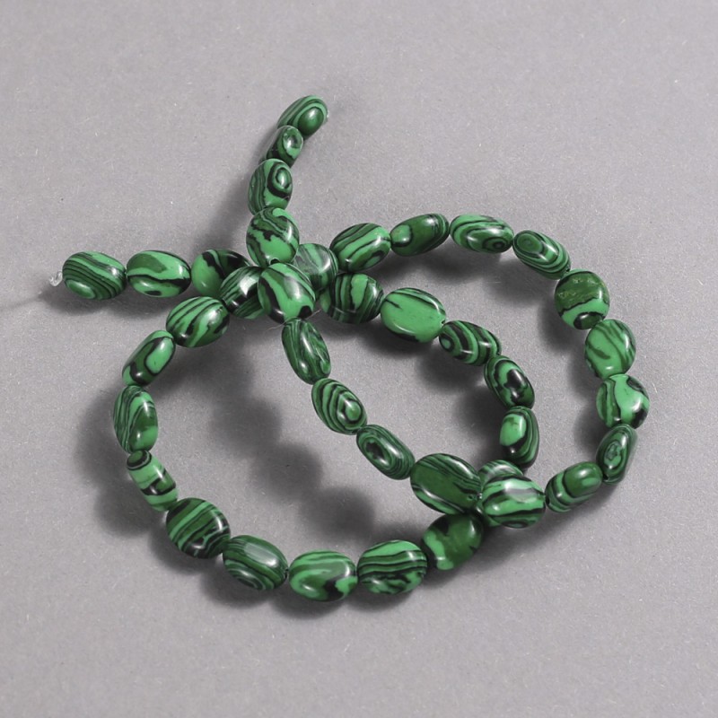 Malachite Beads on Thread (Pressed). Smooth Oval, 10x8 mm diameter, length 39 cm.