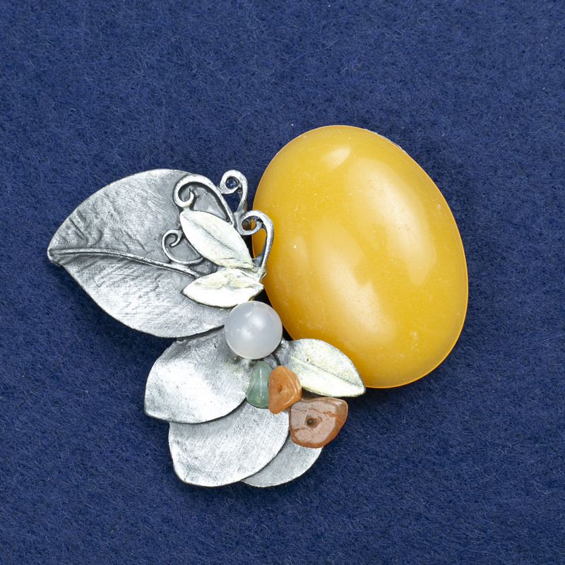 Sale! Twig Brooch with Amber and Assorted Stones, Silver-Colored Metal 60x50mm +