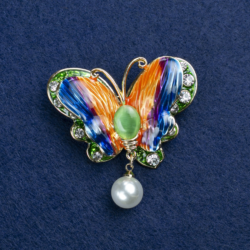 Sale! Butterfly Brooch in Gold-Toned Metal, Cat's-Eye, Enamel, Crystals and Bead, 45x40 mm +