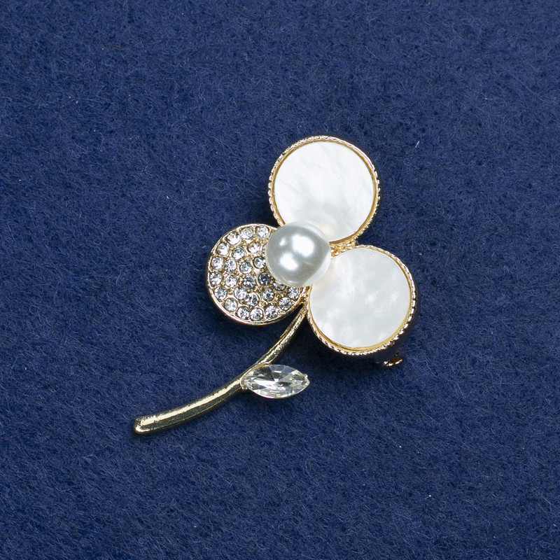 Sale! Flower Brooch with golden metal, mother-of-pearl, crystals and beads 44×27 mm +