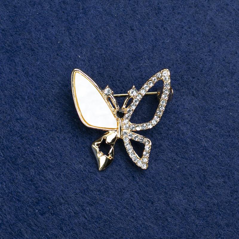Sale! Butterfly Brooch, Gold-tone Metal, Mother-of-Pearl and Rhinestones, 27mm+