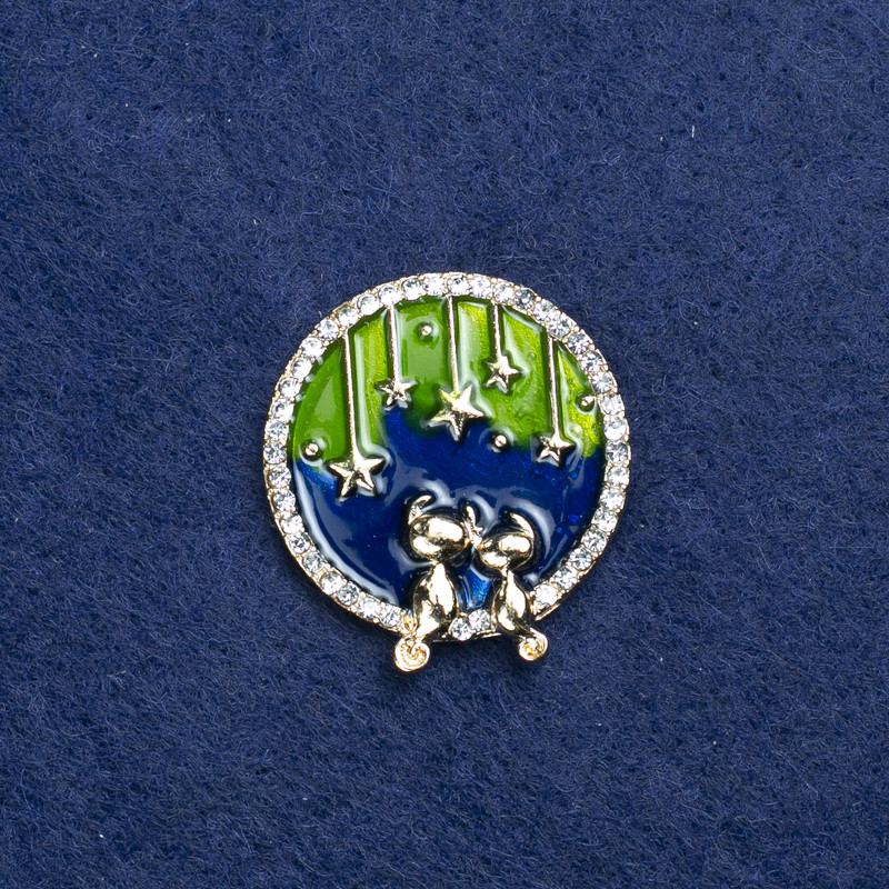 Sale! Planet Brooch in gold-tone metal, enamel and rhinestones, 25 mm +