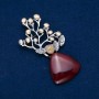 Carnelian brooch with beadwork, 74×32 mm, silver-tone metal with gold-tone plating