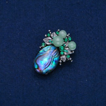 Accent Brooch 42x30 mm, crystals, Haliotis cabochon with beads and crystals, silver-toned metal