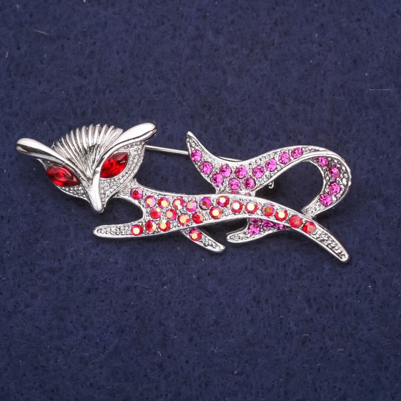 Fox Brooch with Red Crystals 53×20 mm Silver-Colored Metal