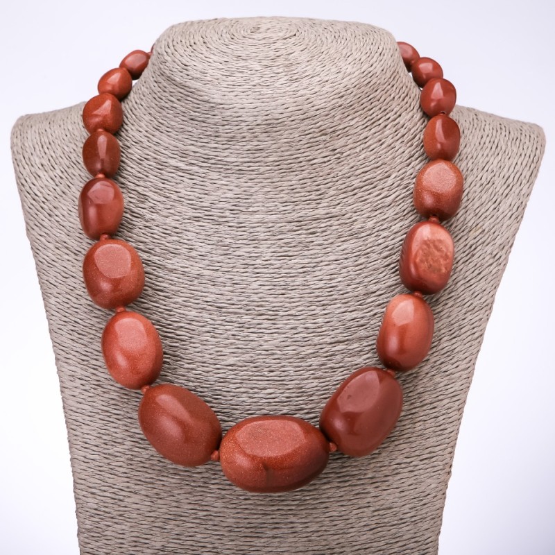 Discounted Necklace 'Elegant' with Synthetic Aventurine 'Golden Sand' Large Graduated Bead Sizes 10x13mm-25x37mm, Length 50 cm