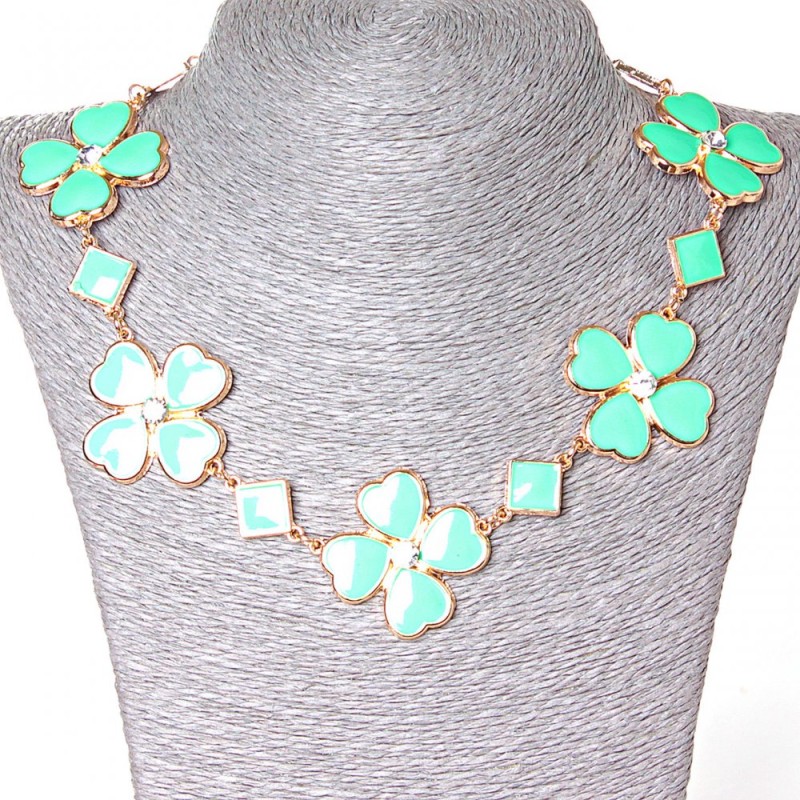 Necklace with Rhombus Shapes and Flowers with Rhinestones in Gold-Toned Metal and Aquamarine Shine (15-35 mm)