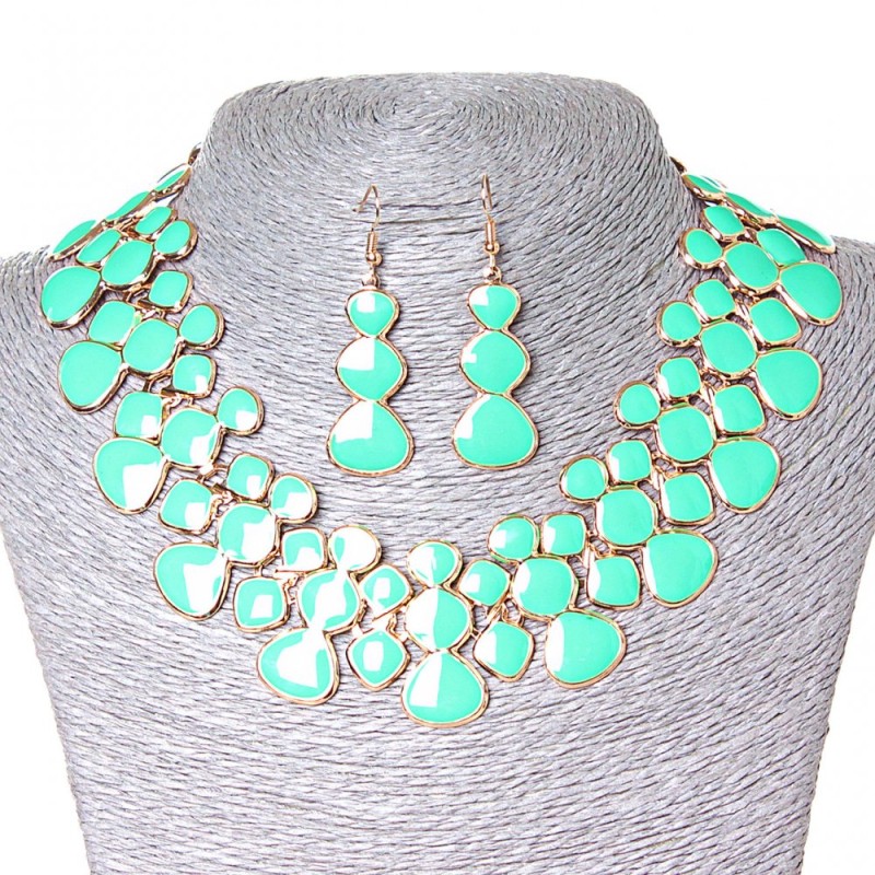 Lava-Lamp Set Necklace and Earrings, Gold-tone Metal and Aquamarine