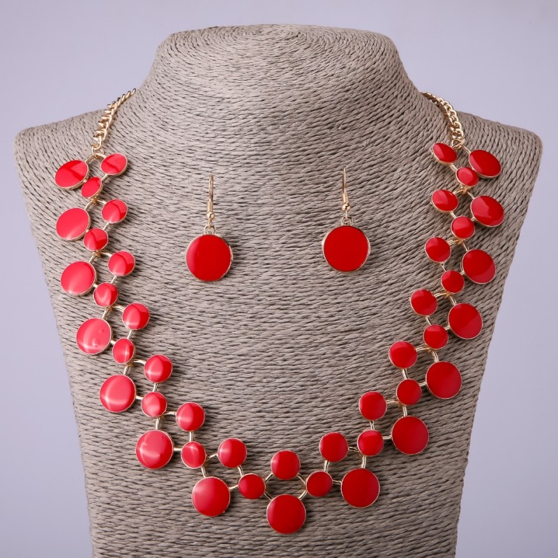 Necklace and Earrings Set with Red Enamel, Length 57–64 cm
