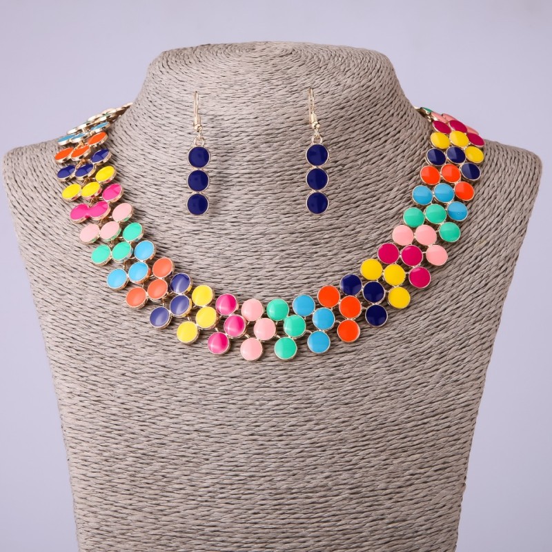 Collar Necklace and Earrings Set with Multicolored Enamel, Length 45–50 cm