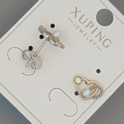 Сережки пусети "Серце" Xuping з білим кристалом та намистиною, діаметр 11х7мм родій