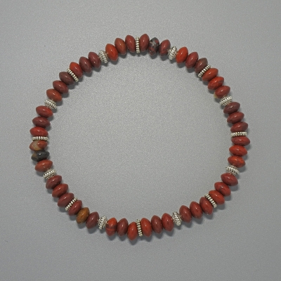 Браслет Червона Яшма натуральний камінь гладкий рондель, діаметр 6,5х3,5мм+-, довжина 18см+- (стрейч) з металевими вставками