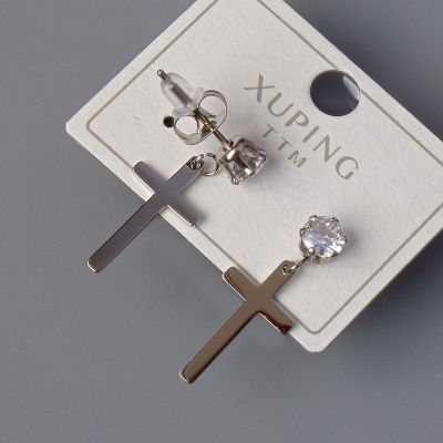 Сережки пусети "Хрест" Xuping з білим кристалом, діаметр 10х18мм, довжина 24,5мм+- родій