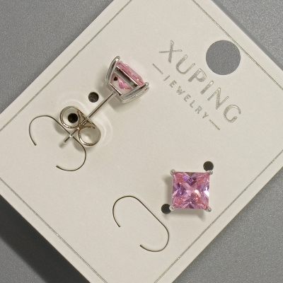Сережки пусети Xuping з рожевим кристалом, діаметр 6мм+- родій