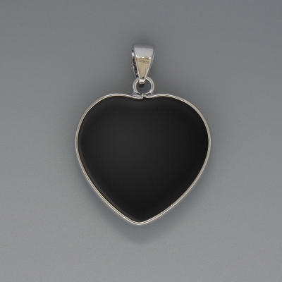 Кулон Серце Чорний Агат, діаметр 26х26мм+-, довжина 36мм+- в сріблястій оправі