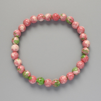 Браслет "Варисцит" (іміт. акрил) рожеві,білі та зелені кольори, гладка кулька, діаметр 6,5мм+-, довжина 18см+- (стрейч)