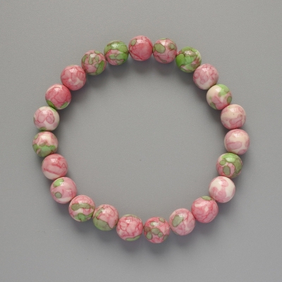 Браслет "Варисцит" (іміт. акрил) рожеві,білі та зелені кольори, гладка кулька, діаметр 8,5мм+-, довжина 18см+- (стрейч)