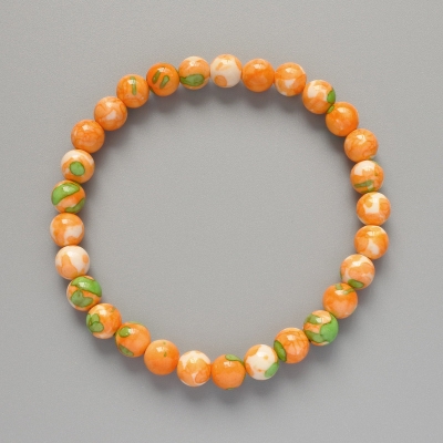 Браслет "Варисцит" (іміт. акрил) зелені,помаранчеві та білі кольори, гладка кулька, діаметр 7мм+-, довжина 18см+- (стрейч)